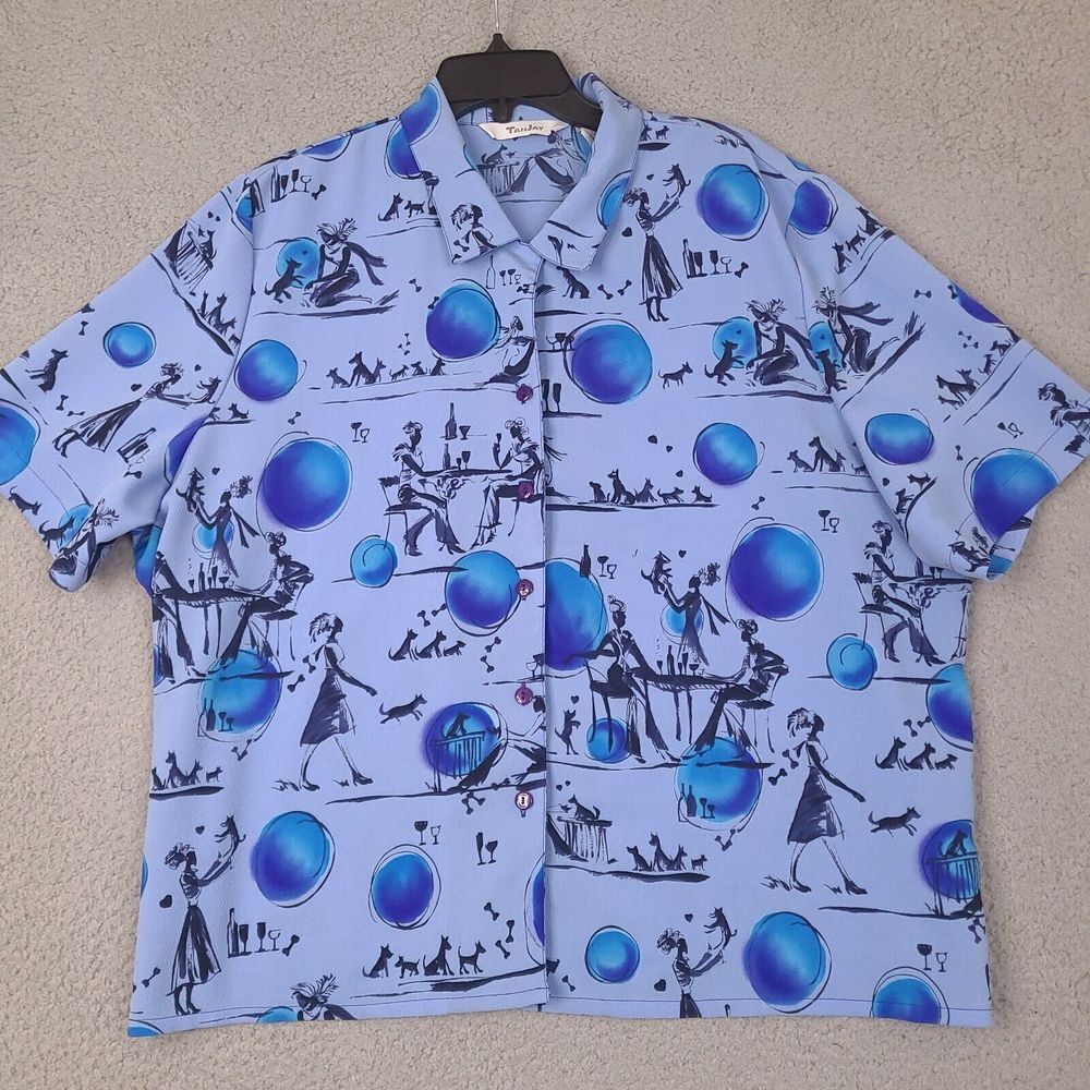 Tan Jay Women's Top Size 20w Blue Dogs Love Dog‎ Button Up Shirt Camp